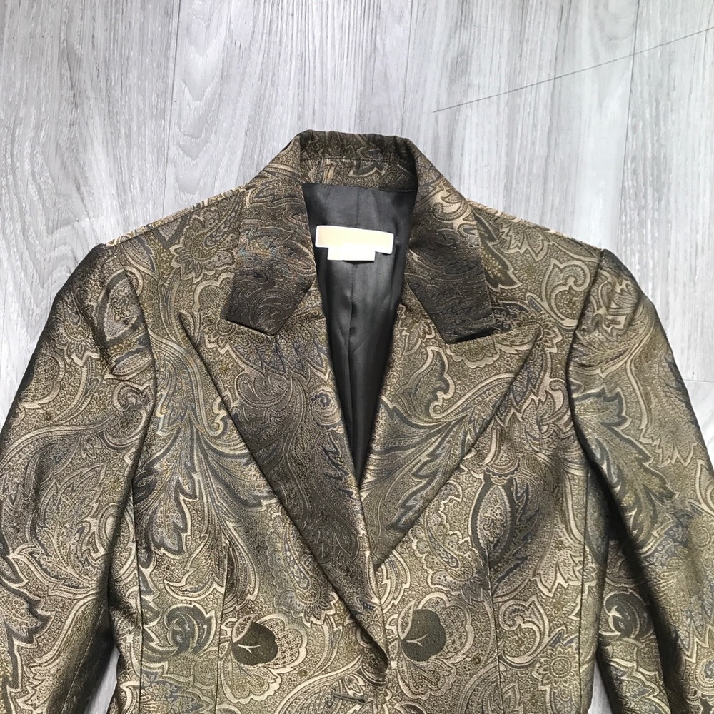 MICHEAL KORS WOMENS BLAZER DINNER JACKET CHARTREUSE GOLD PAISLEY MADE IN ITALY 4 - Picture 5 of 9